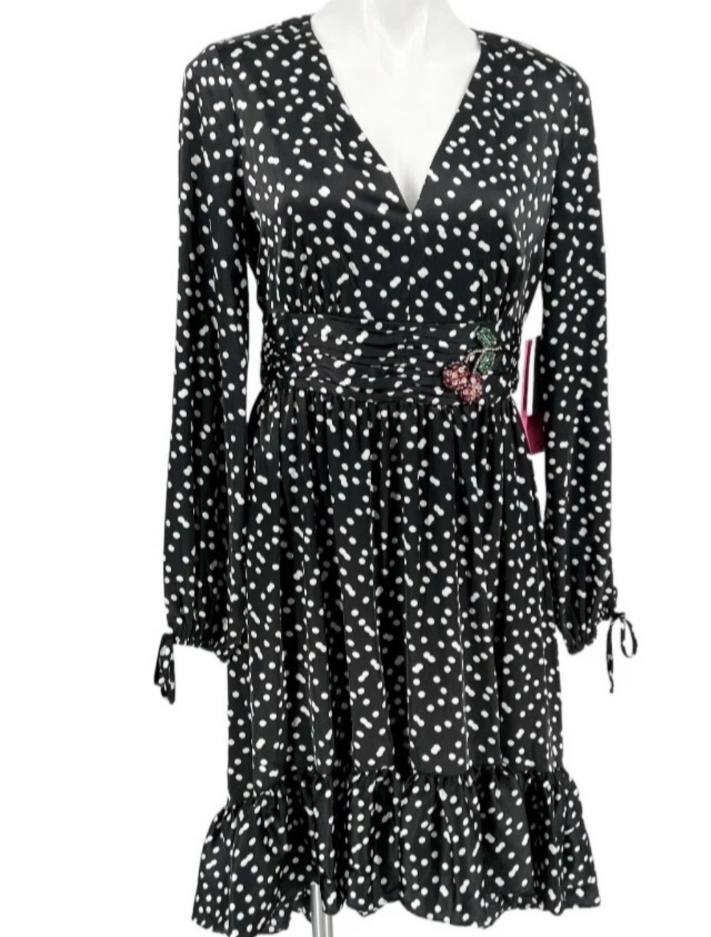 Betsey Johnson Black and White Polka Dot Low High Sleeve Dress Wirh CHERRY